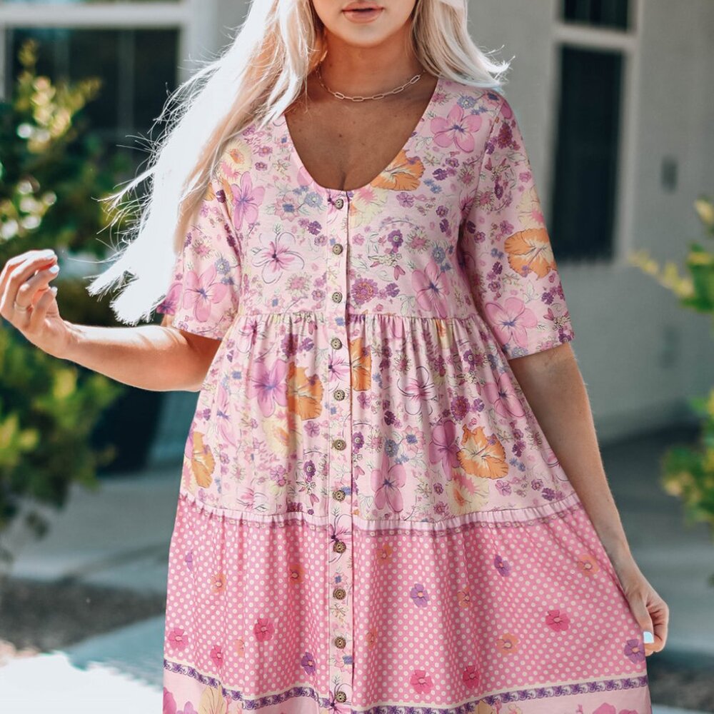 B256 Multicolor Hibiscus Floral Print Ruffle Mini Dress - Picture 4 of 12